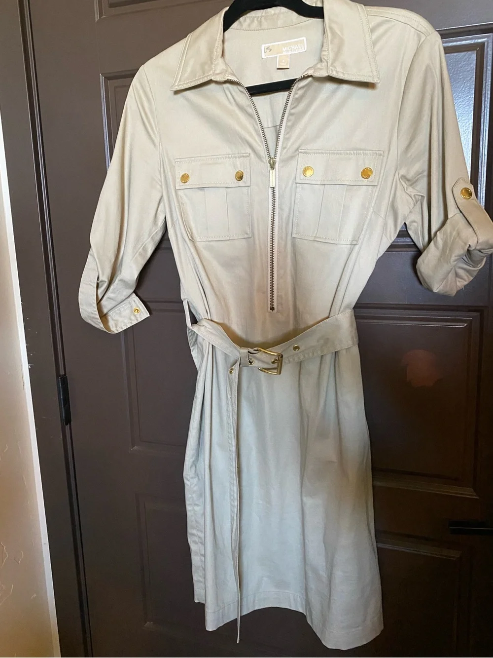 Michael Kors Cream Utility Midi Dress with Gold Hardware